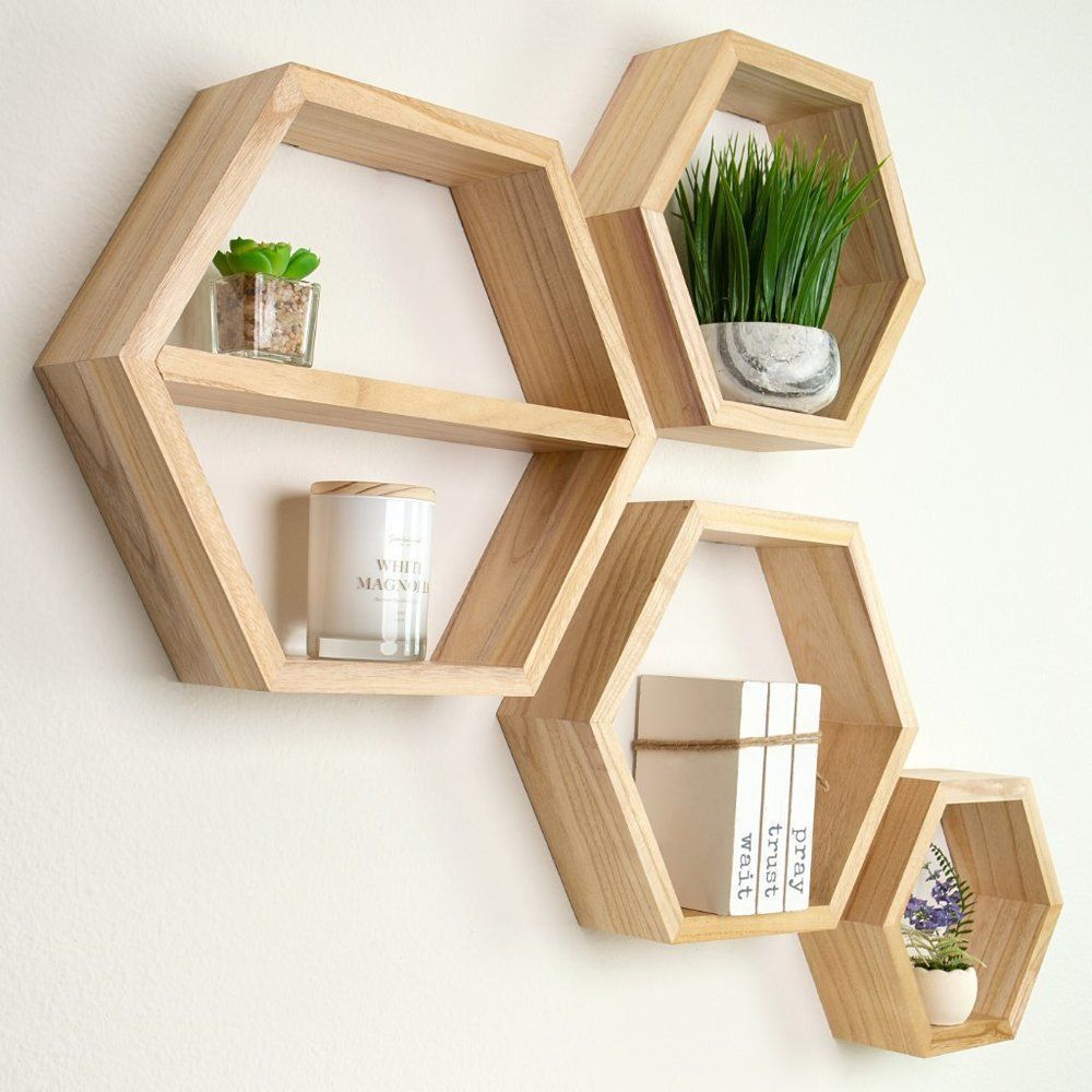 Floating Shelves - Natural Hexagon Shelves Set of 4 - wall decor